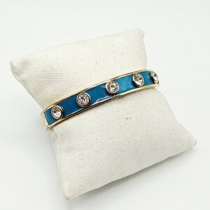 Juicy Couture Turquoise Blue Enamel Rhinestone Gold Tone Hinged Bangle Bracelet